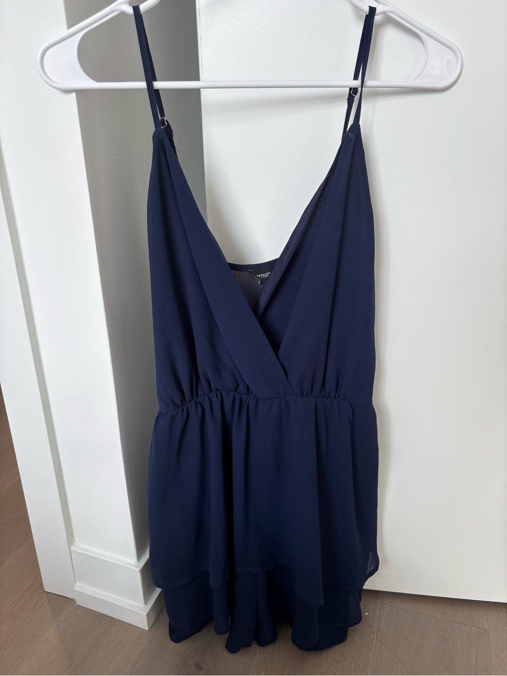 PrettyLittleThing Navy V-Wrap Spaghetti Romper